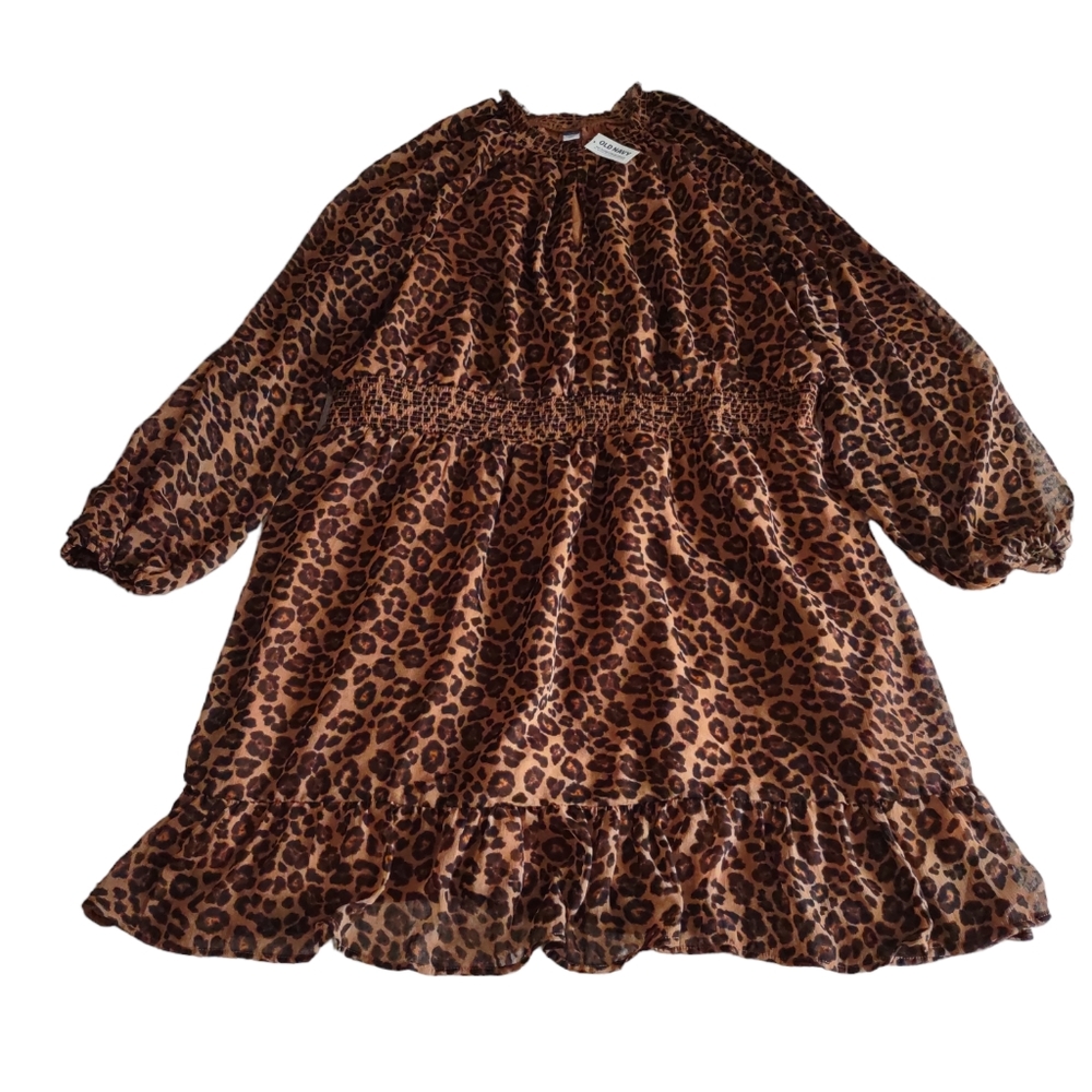 Old Navy Womens Leopard Print Dress Tiered Brown Long Sleeve Size XXL